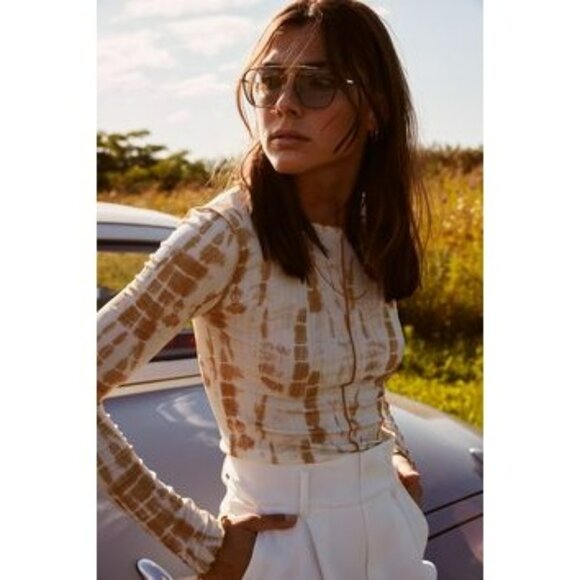 NEW Topshop Second Skin Tie Dye Cream Tan Lettuce Hem Long Sleeve Top US 6 - Picture 1 of 9